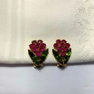 Rhinestone Floral Clip On Earrings Fushia Round Green Marquise Gold Tone 7/8”